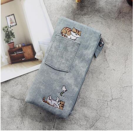 Embroidered Cat Wallet Small Zipper Coin Purse Bag Short Designed Cartoon Wallet Female Ladies Coin Wallet Mini Card Holders