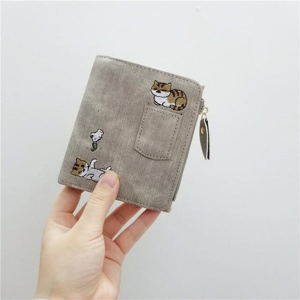 Embroidered Cat Wallet Small Zipper Coin Purse Bag Short Designed Cartoon Wallet Female Ladies Coin Wallet Mini Card Holders