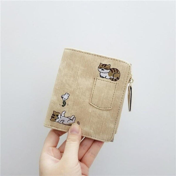 Embroidered Cat Wallet Small Zipper Coin Purse Bag Short Designed Cartoon Wallet Female Ladies Coin Wallet Mini Card Holders